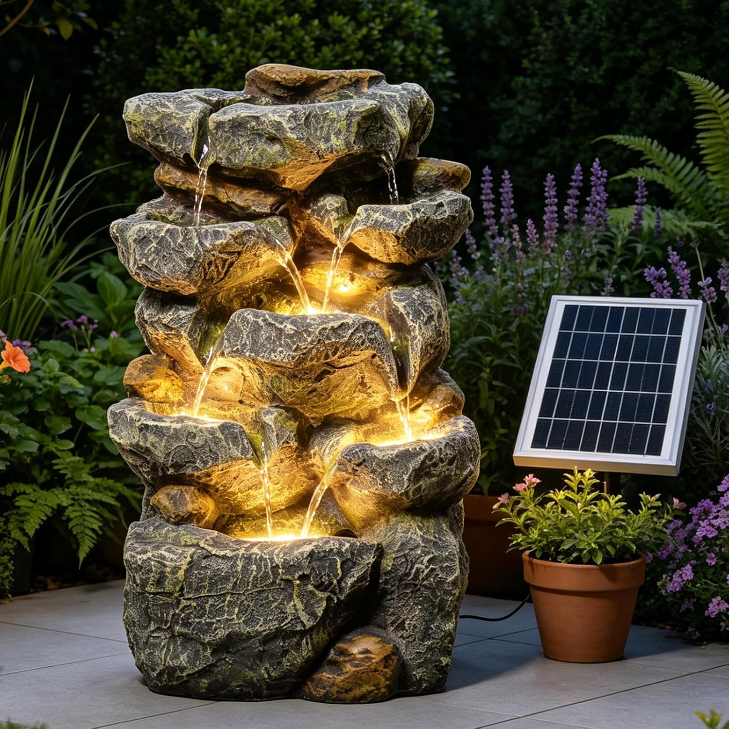 Solar Water Fountain Outdoor Garden, 19.3 Inch Cascading Stone Design 5 Tier Rock Feature Outdoor Fountains Waterfalls with Light, Pump Solar Panel for Patio, Deck, Porch, Backyard Home Décor