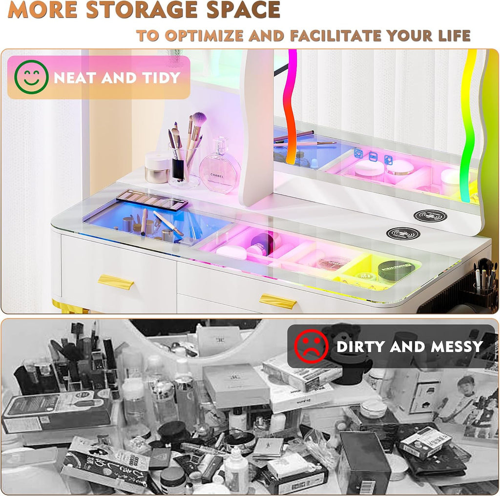 RGB Makeup Vanity Desk with Wireless Charging Station,7 Dynamic and 7 Static Dimmable Vanity Table with Visible Glass Top,Auto Sensor LED Make up Vanity with Mirror and Lights,Stool