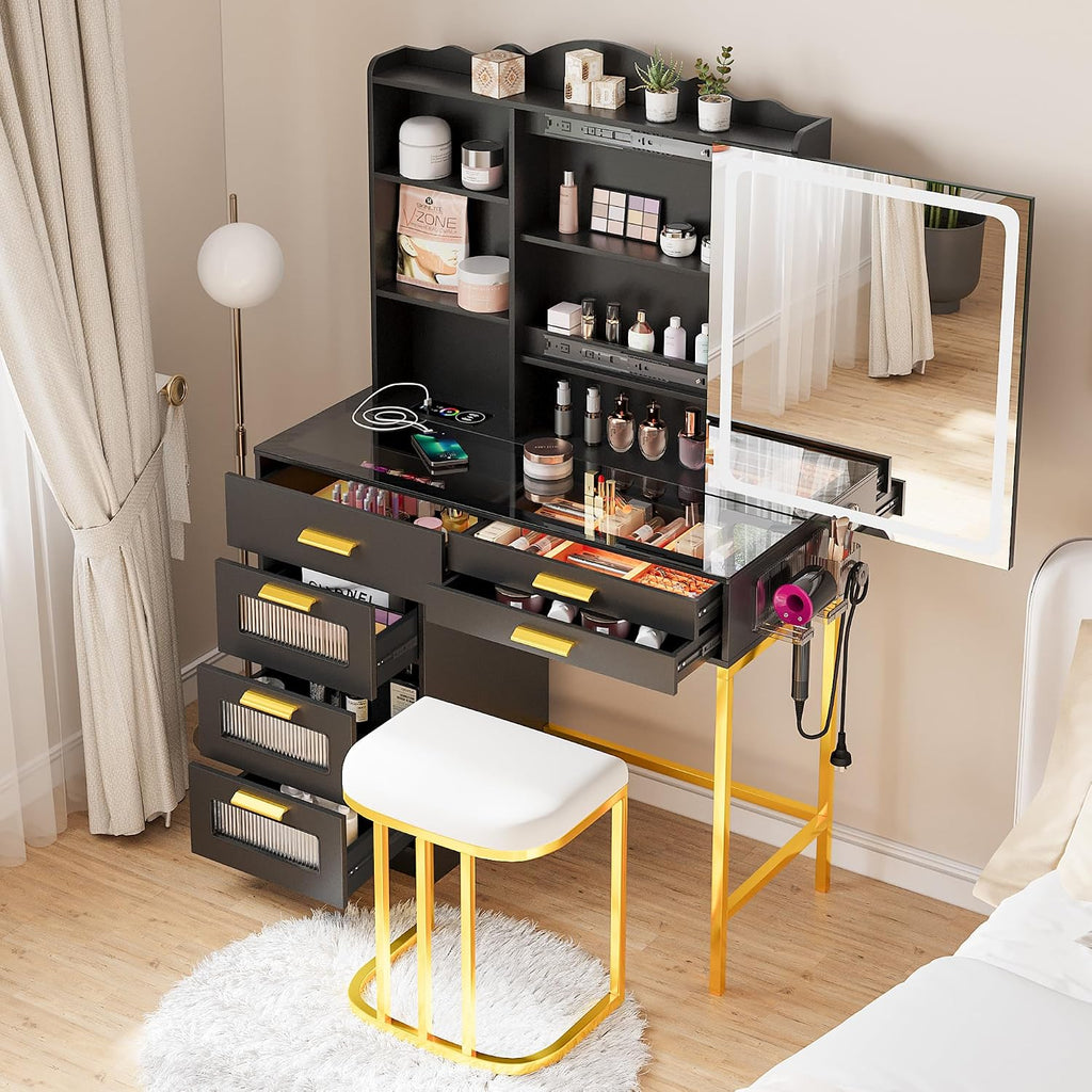 HENBC Vanity Desk with Sliding Mirror and Glass Desktop, LED Vanitys Mirror with RGB Lights Desk and Chair, Dressers Table Set with Charging Station/Makeup Organizer/6 Drawers for Bedroom(Black)