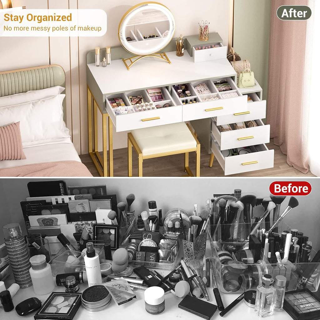 Armocity Vanity Desk with Mirror and Lights, Makeup Vanity Table Set with 6 Storage Drawers, Stool and Divided Organizers, Dressing Table with 3 Color Lighting Options for Women Girls, White and Cyan