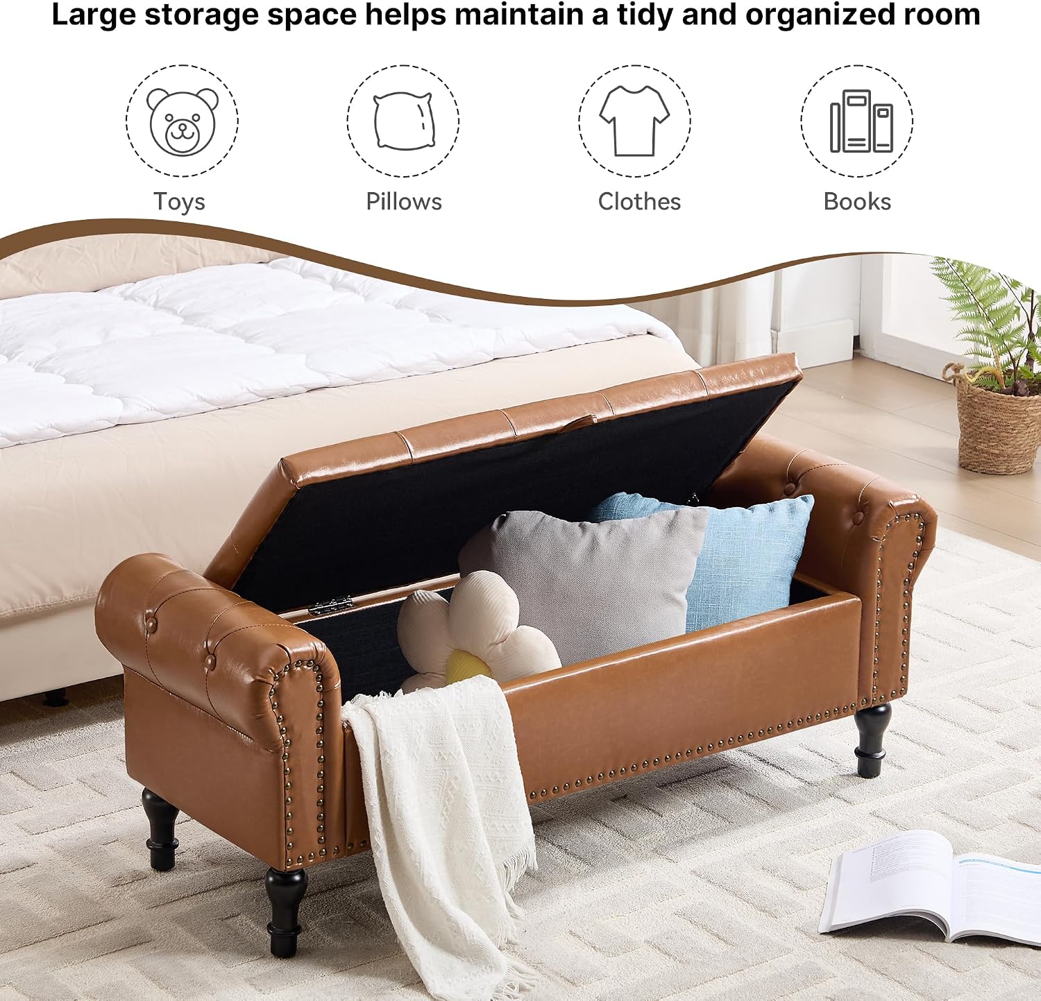 Storage Bench for Bedroom, 51' Upholstered End of Bed Bench, Faux Leather Queen Size Benches with Rolled Arms, Tufted Button Storage Long Ottoman, Living Room, Entryway, Brown