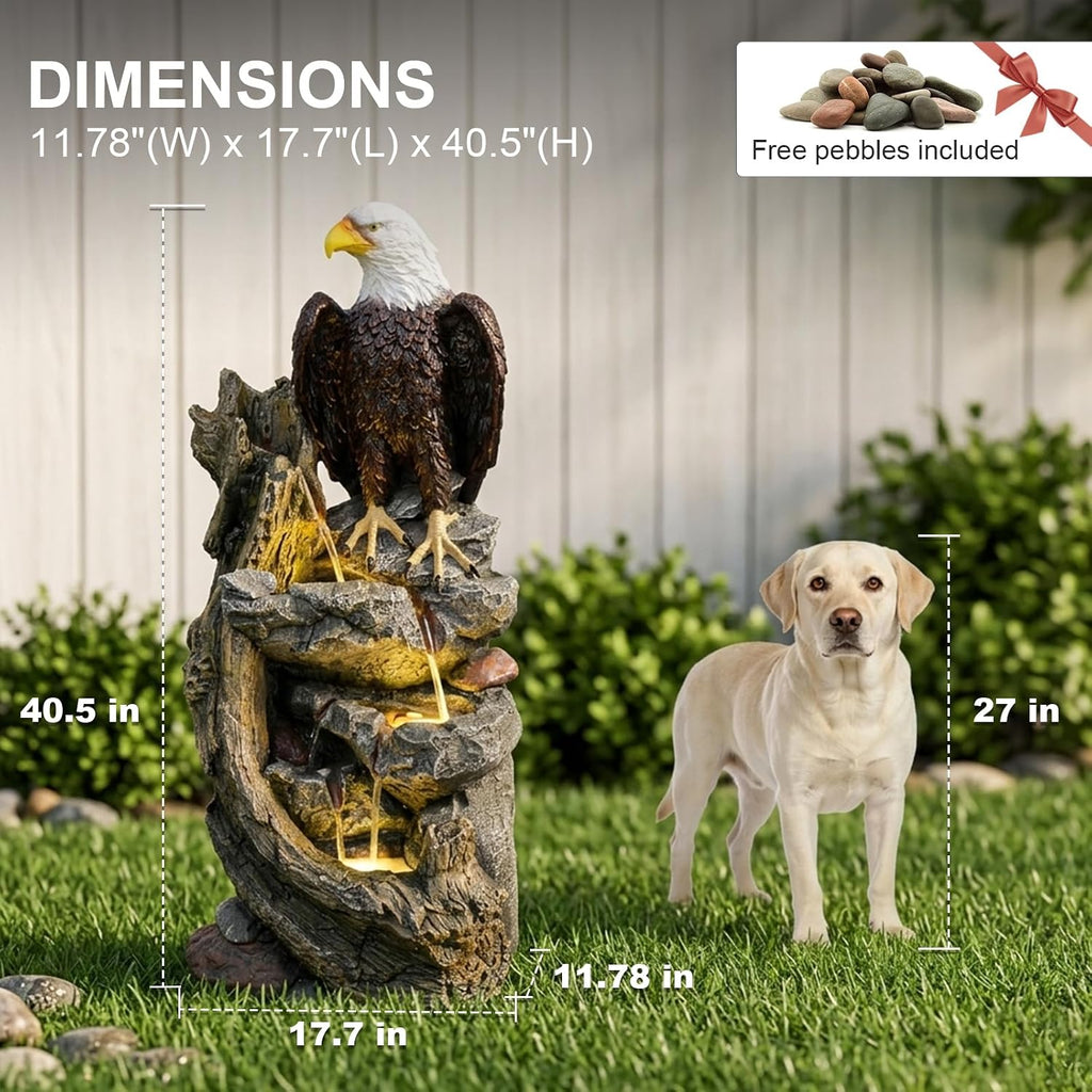 Bald Eagle Outdoor Fountain, 40.5' H Large Cascading Waterfall Garden Fountain with 3000K Warm LED Lights, Realistic Tree Trunk & Rock Water Feature for Garden, Patio, Porch, Yard and Home Art Decor