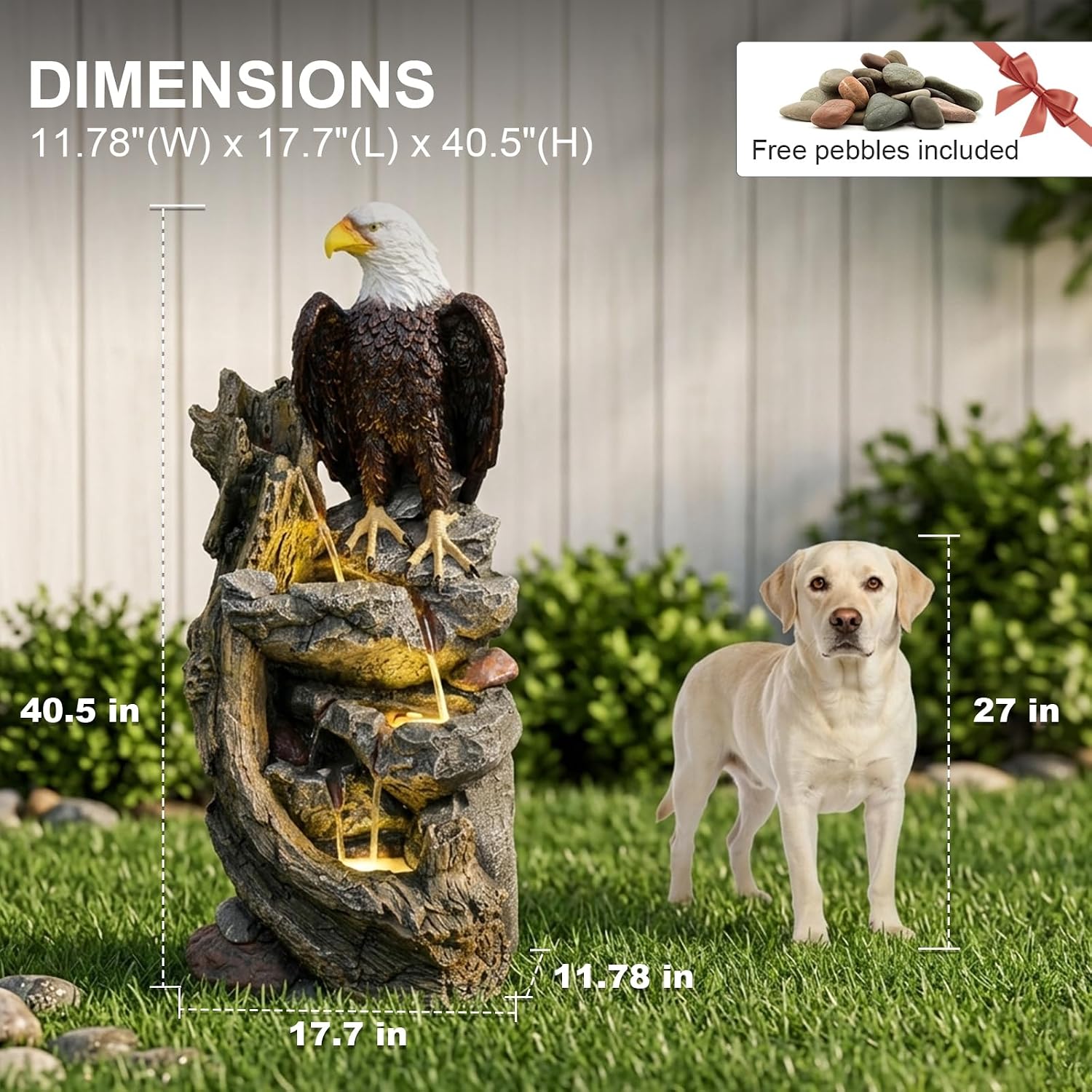 Bald Eagle Outdoor Fountain, 40.5' H Large Cascading Waterfall Garden Fountain with 3000K Warm LED Lights, Realistic Tree Trunk & Rock Water Feature for Garden, Patio, Porch, Yard and Home Art Decor