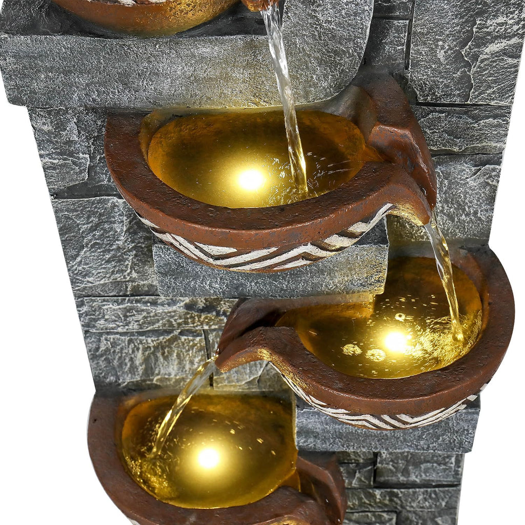 56.6in High Outdoor Indoor Water Fountain, 6-Tiered Poly-Resin Waterfall Fountain with LED Lights, Decorative Floor Standing Fountain for Garden, Patio, Yard, Home Decor