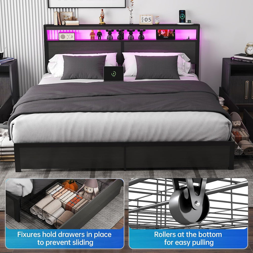 Fabulis King Bed Frame with Storage Headboard and 4 Drawers, Metal Platform Bed Frame with LED Light, Charging Station, No Box Spring Needed, Noise Free, Easy Assembly,Charcoal Grey