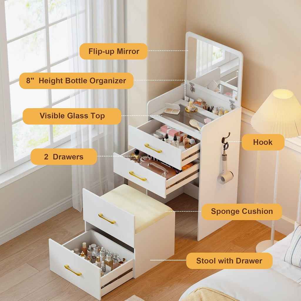 3 in 1 Make Vanity Desk with Flip Top Mirror,Glass Top Makeup Vanity Table with Cushioned Stool,Small Dressing Table with 3 Drawers,Compact Vanity Set for Apartment,Dormitory(White)