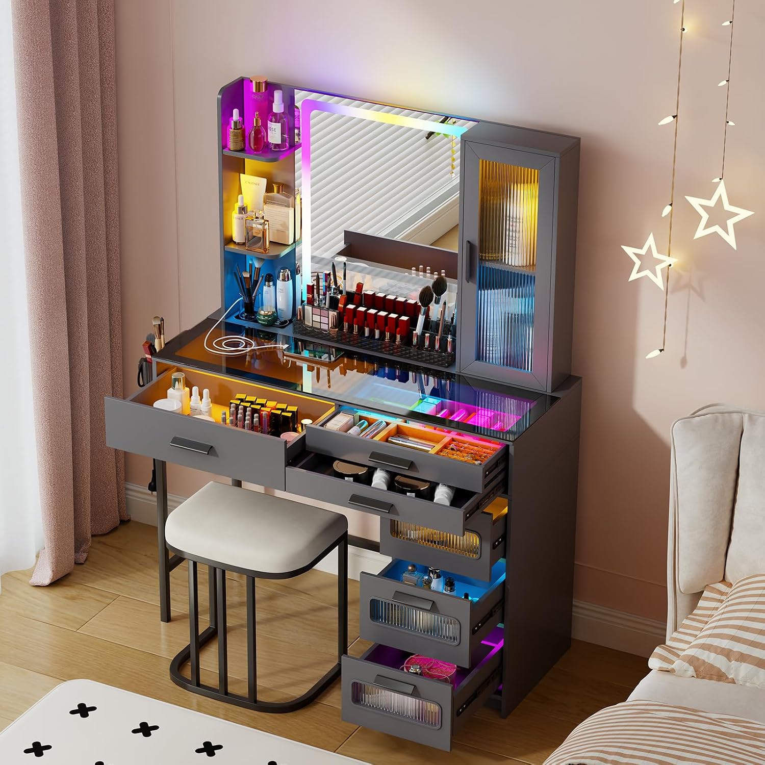 Grey Makeup Vanity Desk with Mirror and Lights,Vanity Table Set with Charging Station, Dressing Table with RGB Cabinets,Girls Vanity with Makeup Organizer and Drawers