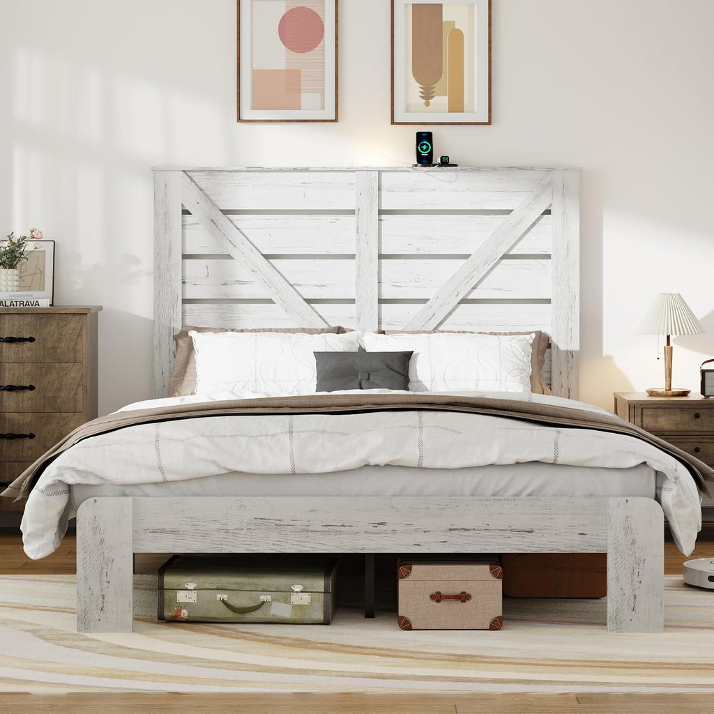Queen Size Wooden Bed Frame with Headboard, Rustic Farmhouse Platform Bedframe with Metal Slat Support, Under Bed Storage Space, Easy Assembly, Noisy Free (Boho White, Queen)