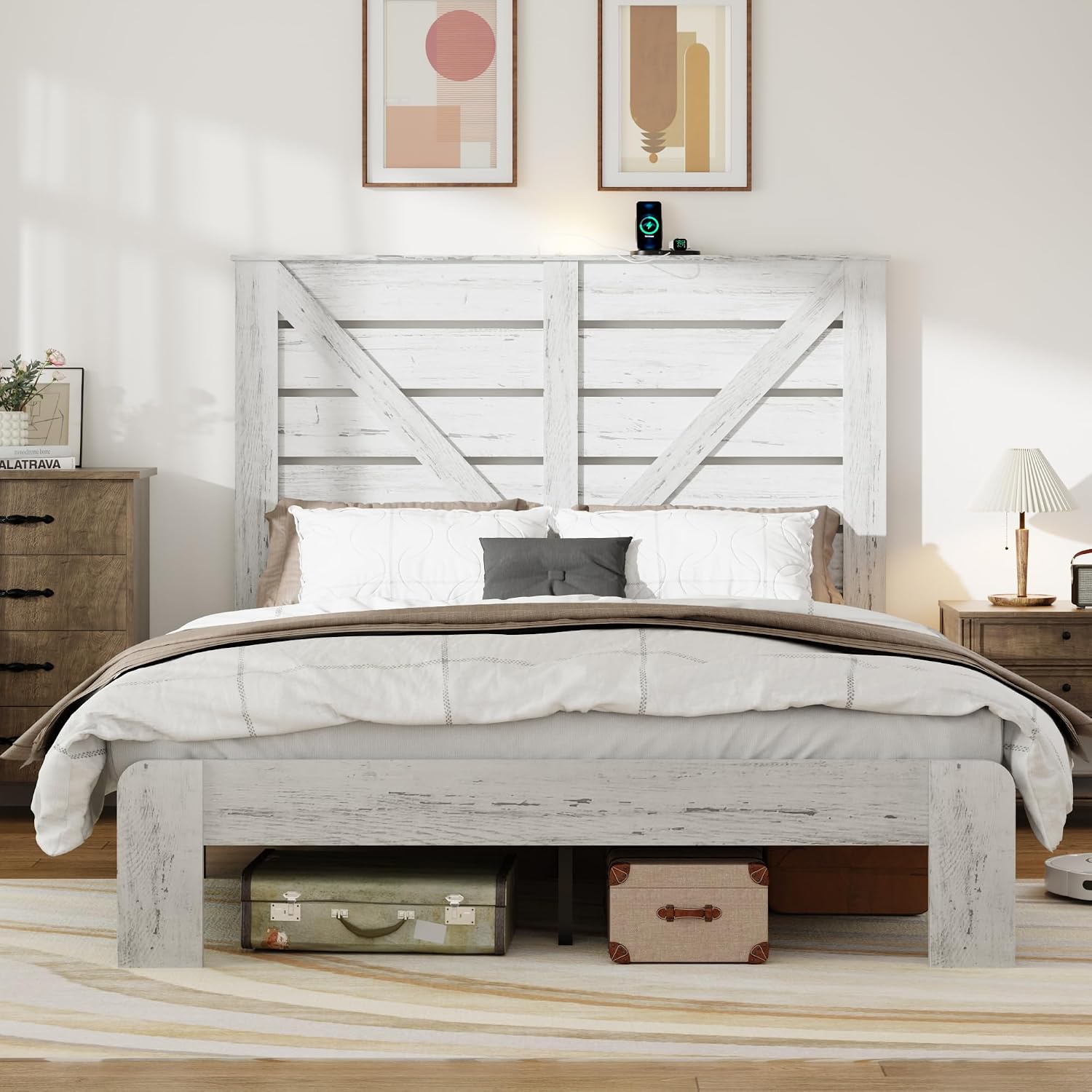 Queen Size Wooden Bed Frame with Headboard, Rustic Farmhouse Platform Bedframe with Metal Slat Support, Under Bed Storage Space, Easy Assembly, Noisy Free (Boho White, Queen)