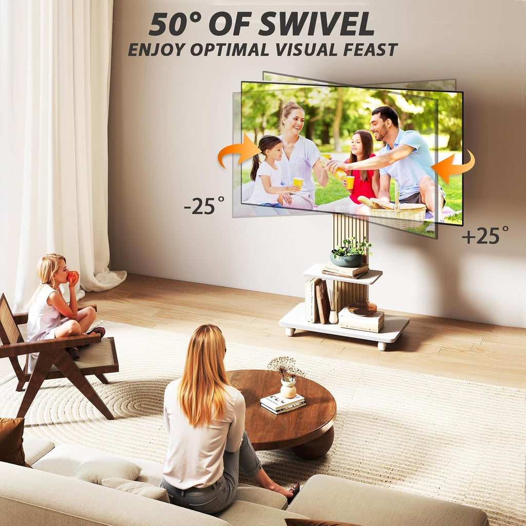 TVON Heavy Duty Rolling TV Stand for 55-90 inch Large TVs up to 150 lbs, Mobile TV Cart with Height Adjustable Mount and Large Storage Shelf, Tall TV Stand with Wooden Base, White and Oak