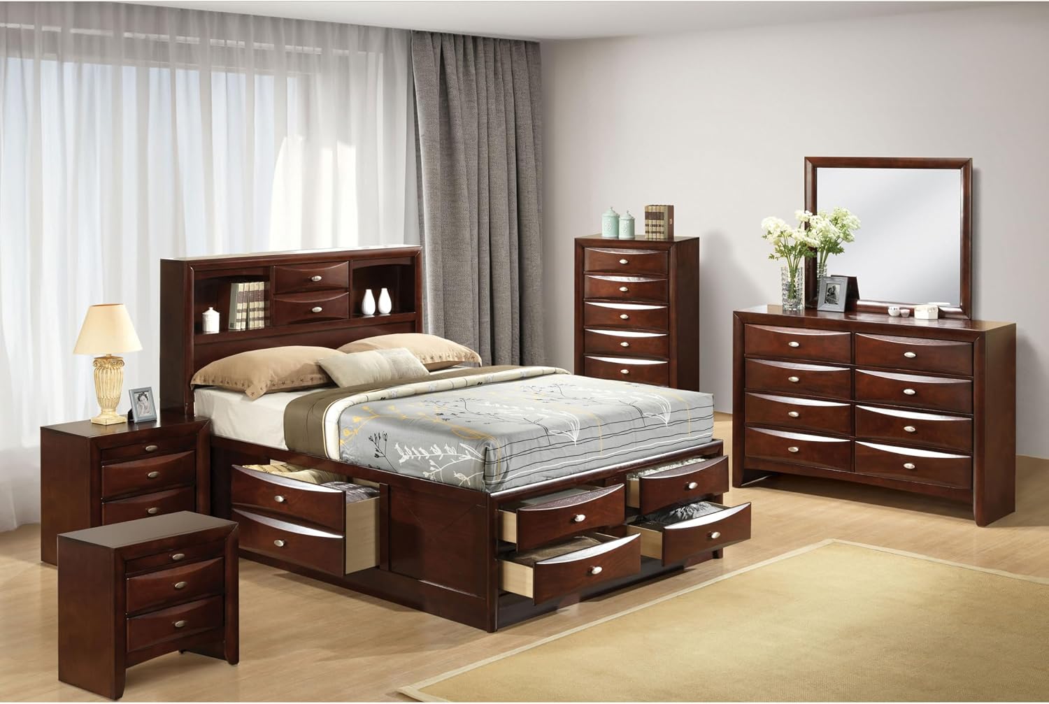 Furniture of America Darius Transitional Solid Wood 6-Piece Queen Platform Bedroom Set with Drawers, Bookcase Headboard and Knob Pulls, Mattress Ready, Dark Cherry