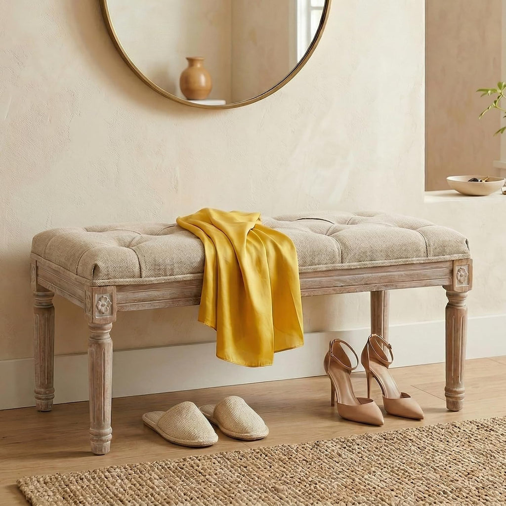 Upholstered Fabric Entryway Bench, Tufted Piano Bench for 2 People, Rubber Wood Legs with Beautiful Carved Pattern for Bedroom/Living Room/Dining Room (Beige)