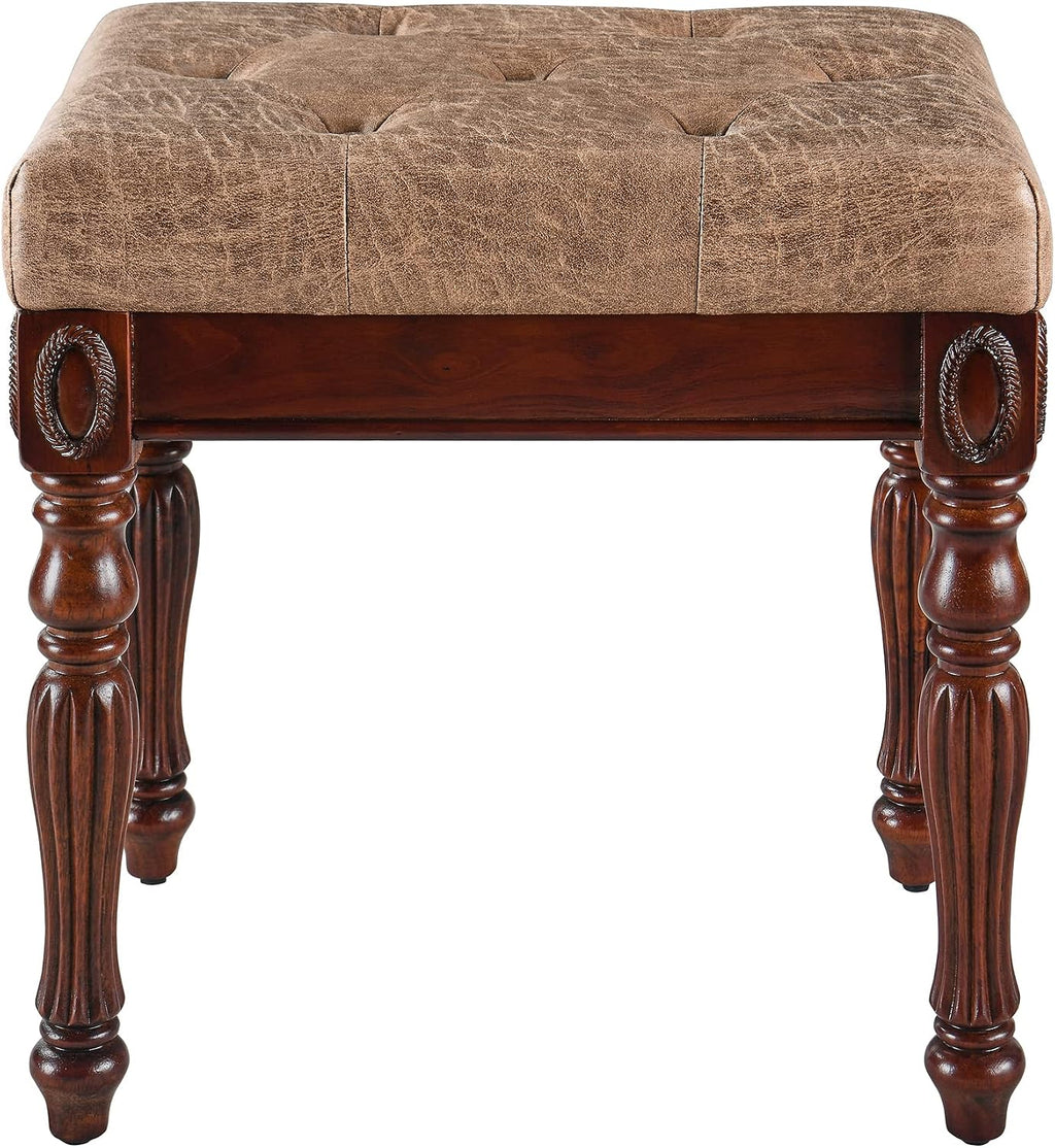 LEEMTORIG Vanity Stool Bench Ottoman Stool, Traditional Victorian Style Piano Bench Chair, Upholstered Button Tufted Solid Wood Short Bench, 14.2' Dx18.5 Wx19.1 H, Yellowish Brown Fabric, FD-1533-LT