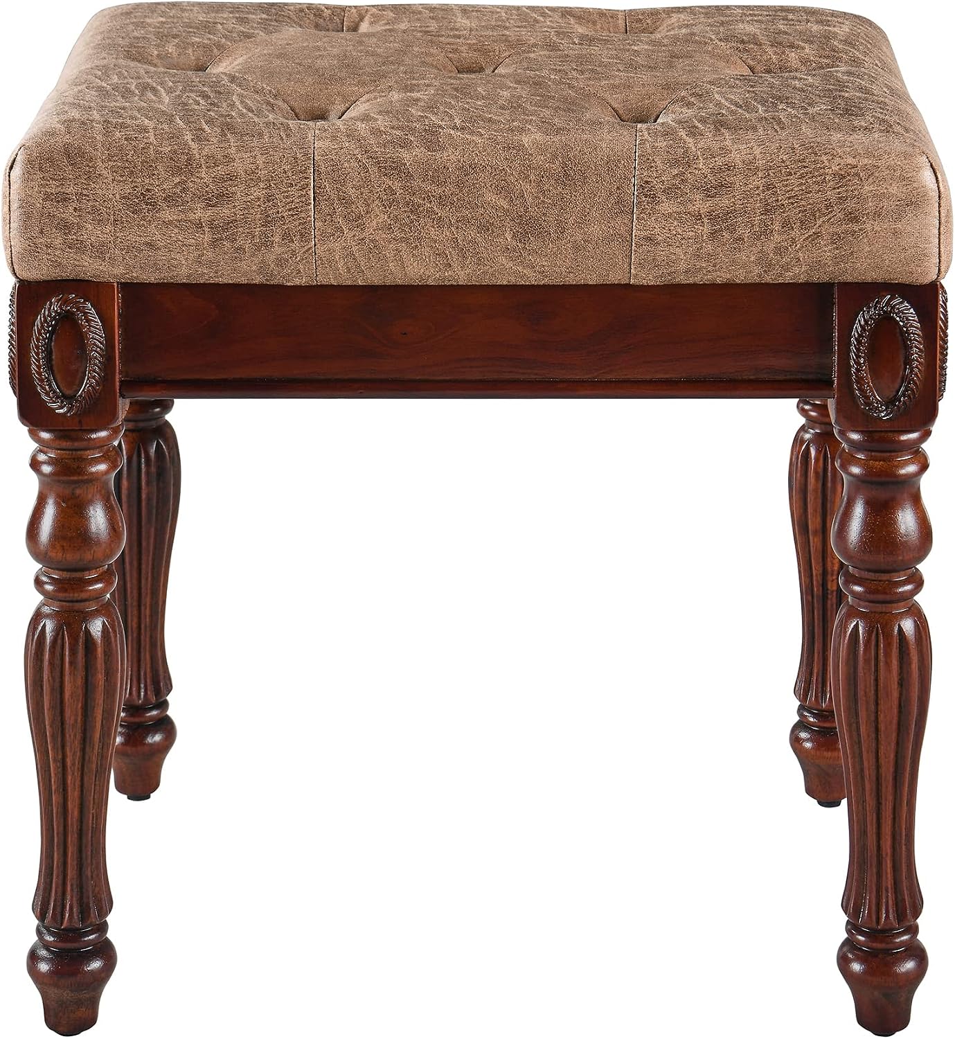 LEEMTORIG Vanity Stool Bench Ottoman Stool, Traditional Victorian Style Piano Bench Chair, Upholstered Button Tufted Solid Wood Short Bench, 14.2' Dx18.5 Wx19.1 H, Yellowish Brown Fabric, FD-1533-LT