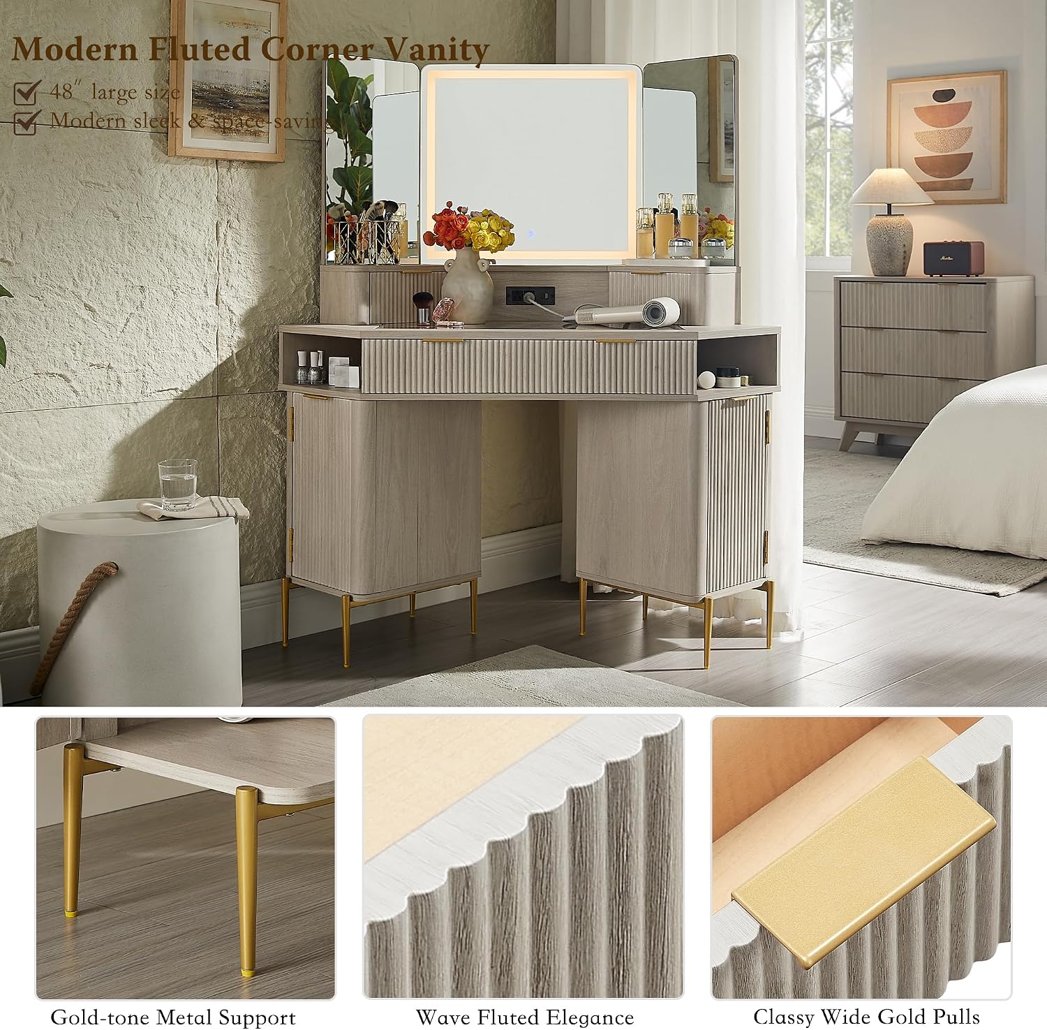 T4TREAM 48' Fluted Makeup Vanity Desk with HD Triple Mirror and Lights, Large Lighted Corner Vanity with Glass Top, Modern Dressing Table with 3 Drawers & 2 Cabinets for Bedroom, White Alder