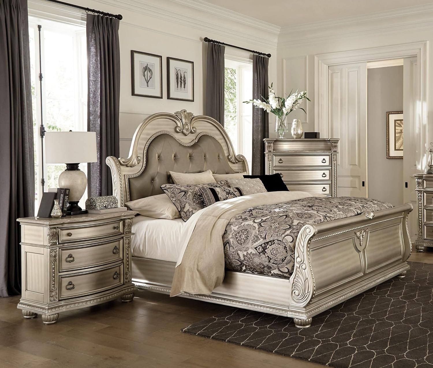 3PC Traditional Bedroom Set California King Size Tufted Bed Silver Finish Classic Design Marble Top Formal Solid Wood Furniture