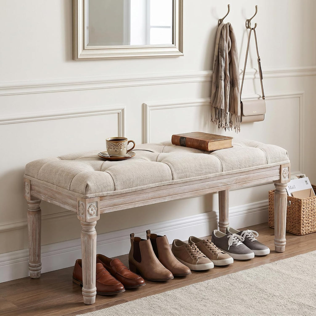Upholstered Fabric Entryway Bench, Tufted Piano Bench for 2 People, Rubber Wood Legs with Beautiful Carved Pattern for Bedroom/Living Room/Dining Room (Beige)