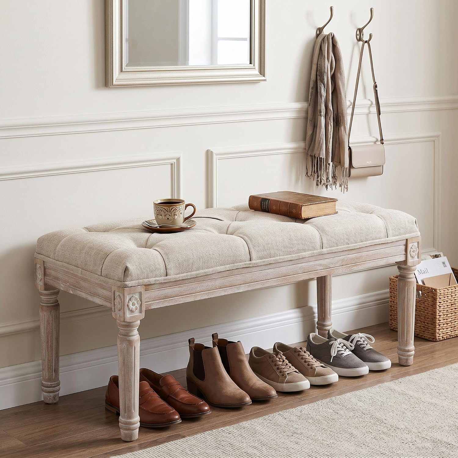 Upholstered Fabric Entryway Bench, Tufted Piano Bench for 2 People, Rubber Wood Legs with Beautiful Carved Pattern for Bedroom/Living Room/Dining Room (Beige)