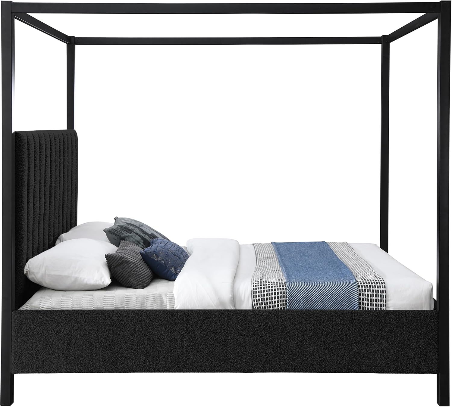 Meridian Furniture KellyBlack-K Kelly Collection Modern | Contemporary King Bed with Rich Black Boucle Fabric, Matte Black Iron Metal Frame Canopy, 78.5' W x 84.5' D x 77' H, Black, King