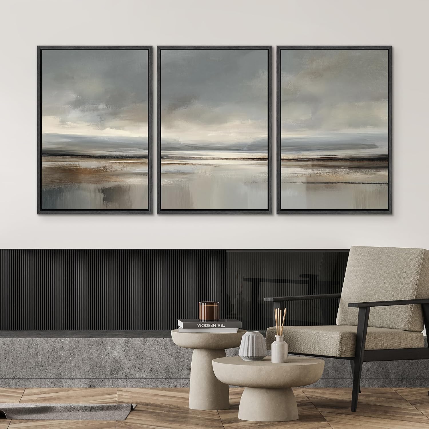 SIGNWIN Framed Canvas Print Wall Art Set Neutral Coastal Horizon Landscape Minimalist Seascape and Sky Illustrations Modern Art Decorative Rustic for Living Room, Bedroom, Office - 24'x36'x3 Black