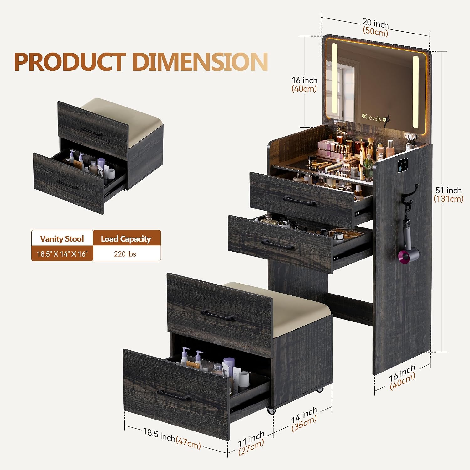 3 in 1 Vanity Desk with Flip up Mirror and Lights, Glass Top Makeup Vanity Table with Charging Station,LED Compact Dressing Table with 3 Drawer and Wheel Storage Stool for Bedroom(Brown)
