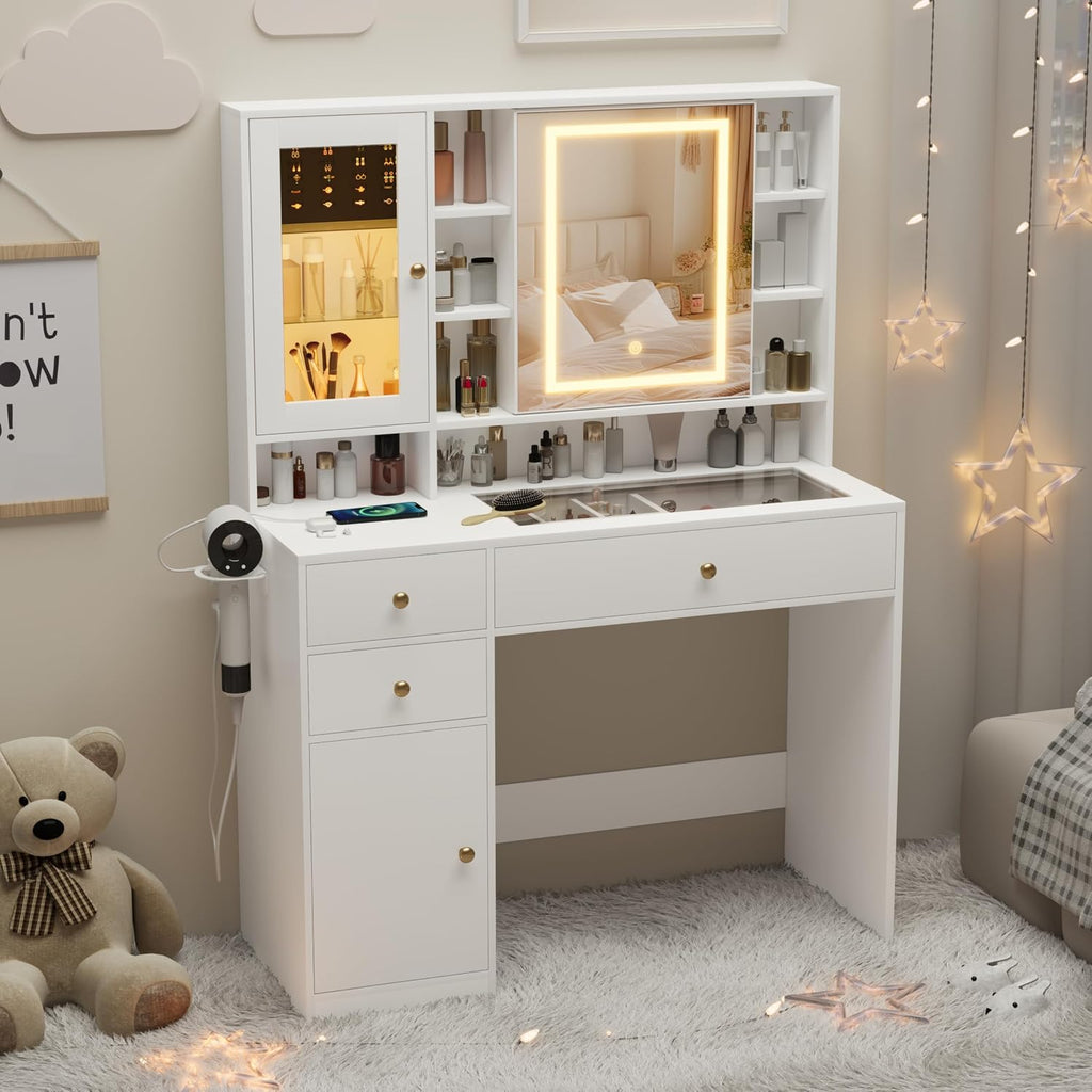 Wodeer Makeup Vanity Desk with Mirror and Lights, White Vanity with Glass Top, Jewelry Storage, Power Outlets, 3 Drawers & 2 Cabinets, Adjustable LED Lighting, Dressing Table for Women & Girls Bedroom