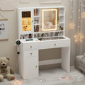 Wodeer Makeup Vanity Desk with Mirror and Lights, White Vanity with Glass Top, Jewelry Storage, Power Outlets, 3 Drawers & 2 Cabinets, Adjustable LED Lighting, Dressing Table for Women & Girls Bedroom