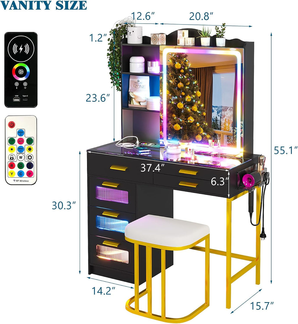 WOOVIVS Vanity with LED Mirror, Makeup Desk with Charging Station for Bedroom, Vanities with RGB Lights, Glass Top Vanity Set with Stool,6 Drawers Dressing Table for Girls-Black