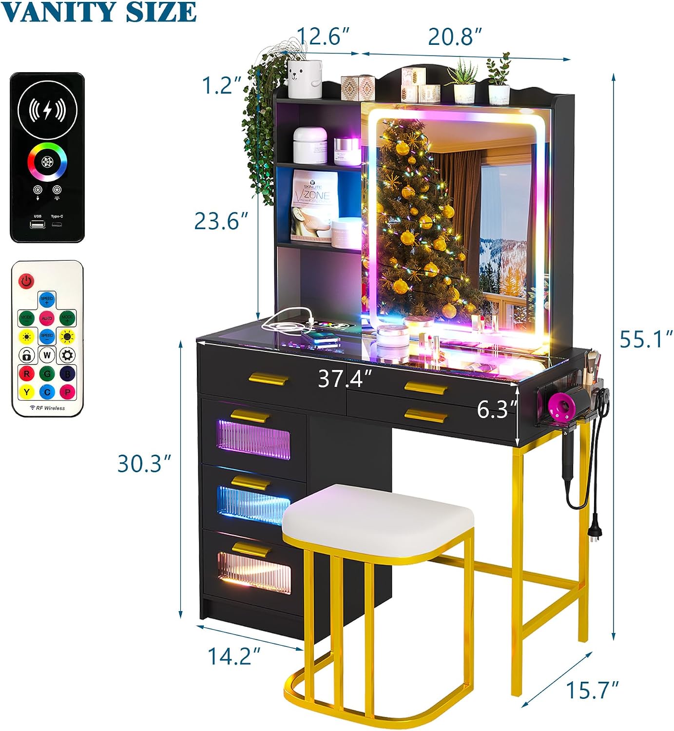 WOOVIVS Vanity with LED Mirror, Makeup Desk with Charging Station for Bedroom, Vanities with RGB Lights, Glass Top Vanity Set with Stool,6 Drawers Dressing Table for Girls-Black