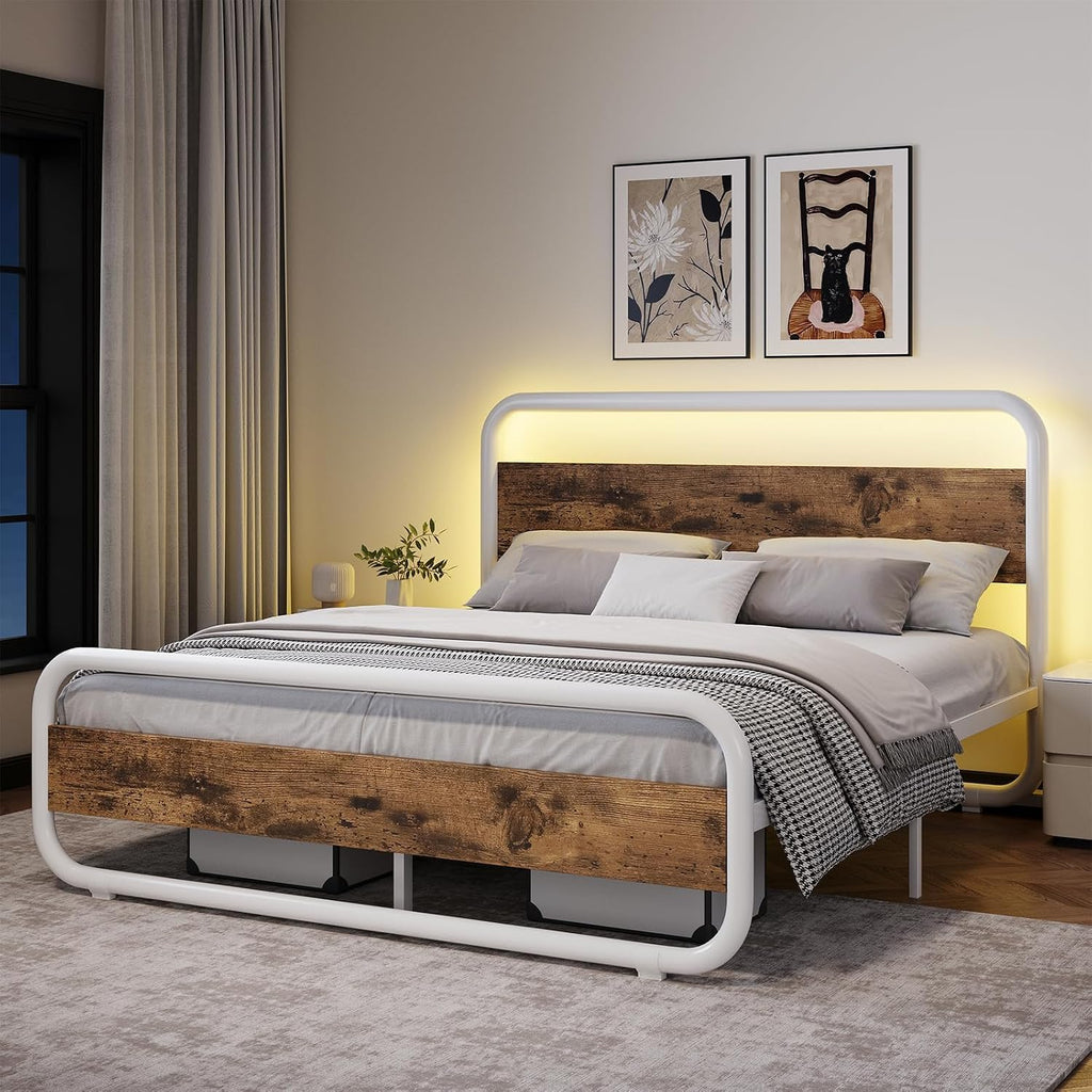 Catrimown Full Size Bed Frame with LED Lights, Heavy Duty Metal Rustic Platform Bed Frame Full Size with Wood Headboard, Noise Free, No Box Spring Needed, White