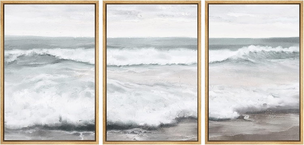 SIGNWIN Framed Canvas Print Wall Art Set Ocean Sea Wave Beach Shore Seascape Nature Wilderness Illustrations Modern Art Decorative Scenic Rustic for Living Room, Bedroom, Office - 16'x24'x3 Natural
