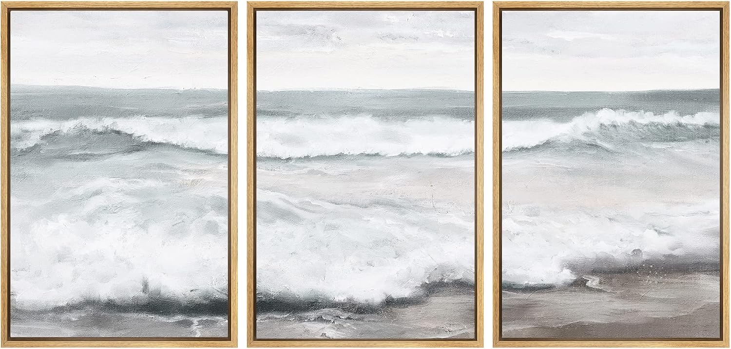 SIGNWIN Framed Canvas Print Wall Art Set Ocean Sea Wave Beach Shore Seascape Nature Wilderness Illustrations Modern Art Decorative Scenic Rustic for Living Room, Bedroom, Office - 16'x24'x3 Natural