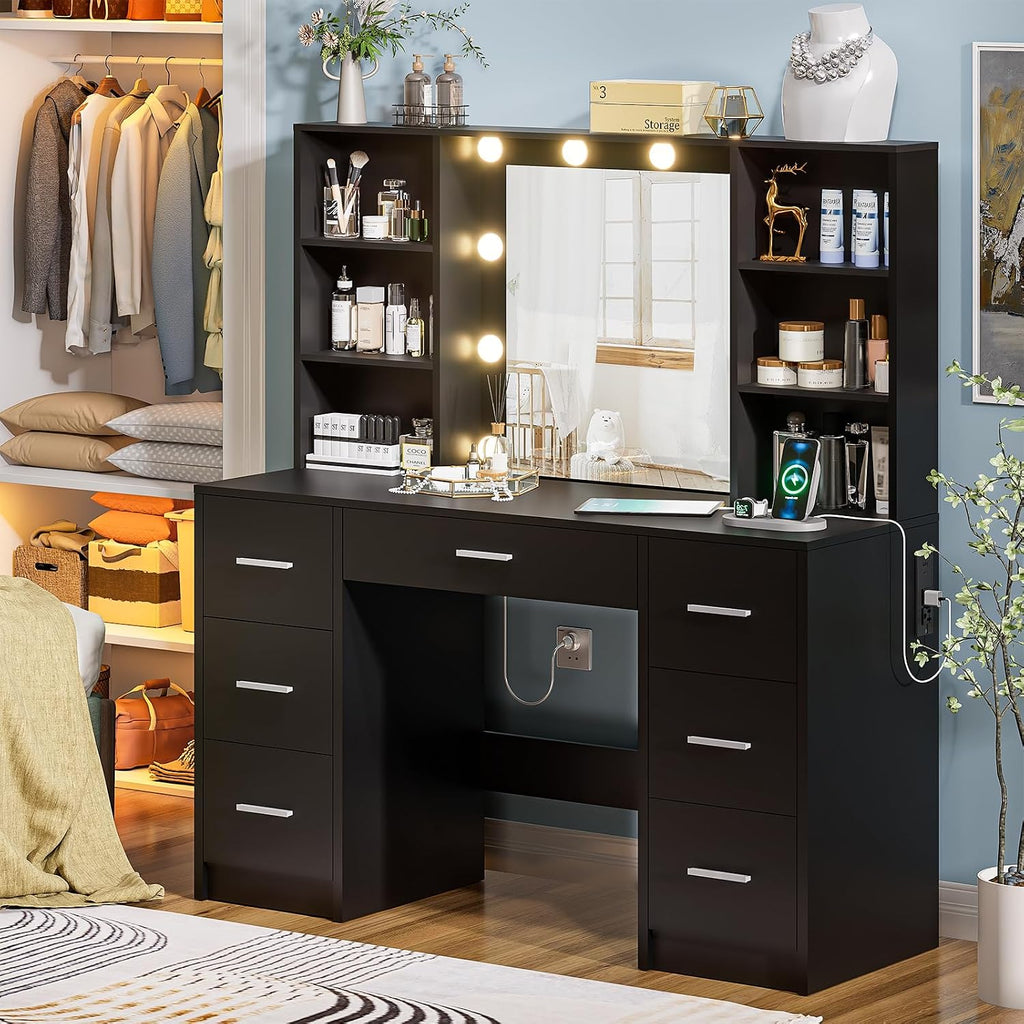 Black Vanity Desk with Mirror and Lights, 3 Lighting Modes Brightness Adjustable, Makeup Vanity Table with 7 Drawers, 6 Shelves and Power Outlet, Girls Vanity, Dressing Table for Bedroom