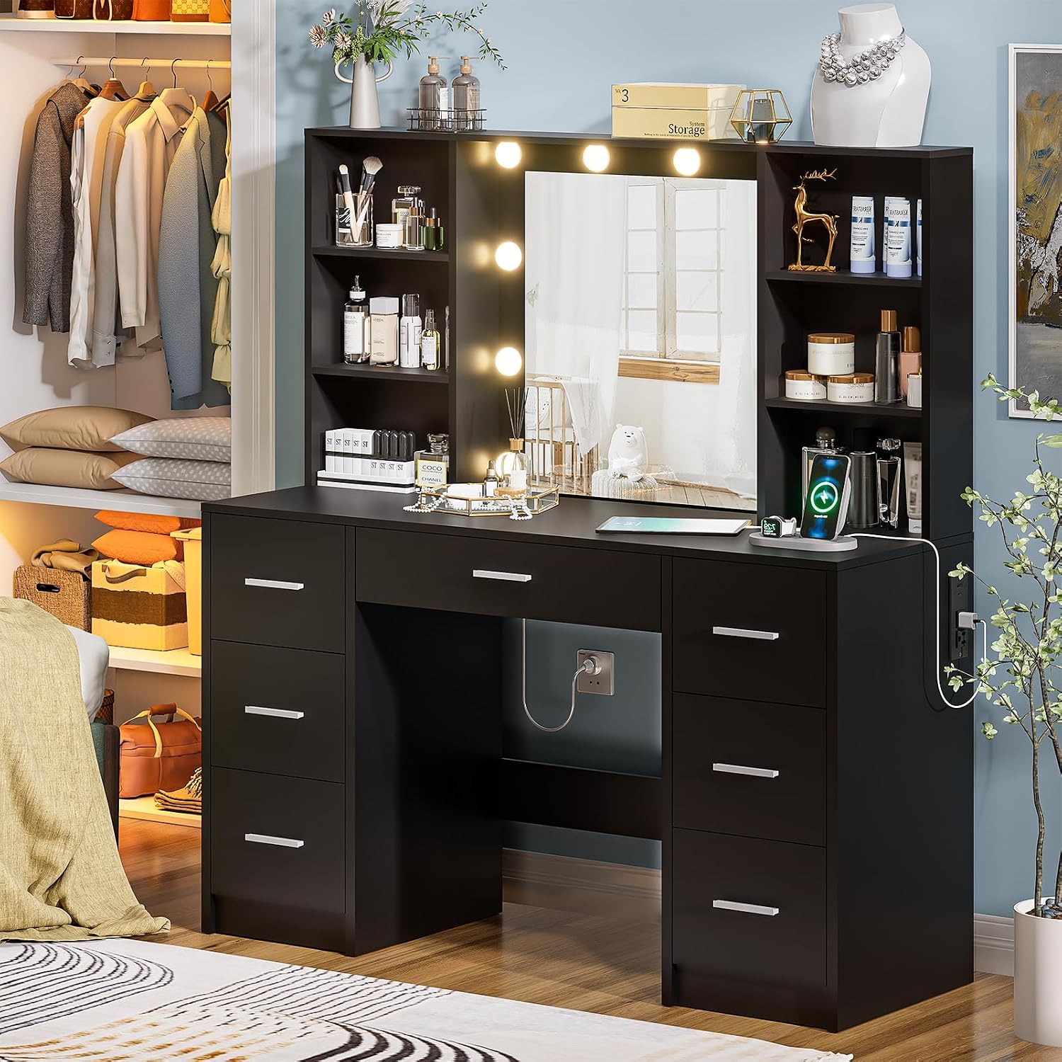 Black Vanity Desk with Mirror and Lights, 3 Lighting Modes Brightness Adjustable, Makeup Vanity Table with 7 Drawers, 6 Shelves and Power Outlet, Girls Vanity, Dressing Table for Bedroom