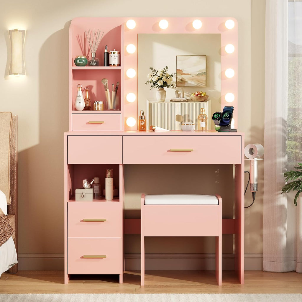 Vanity Desk with Mirror and Lights, 3 Adjustable Lighting Makeup Vanity Desk with 3 Storage Shelves, 5 Large Drawers and Power Outlet, Vanity with Chair for Bedroom, Pink