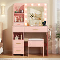 Vanity Desk with Mirror and Lights, 3 Adjustable Lighting Makeup Vanity Desk with 3 Storage Shelves, 5 Large Drawers and Power Outlet, Vanity with Chair for Bedroom, Pink