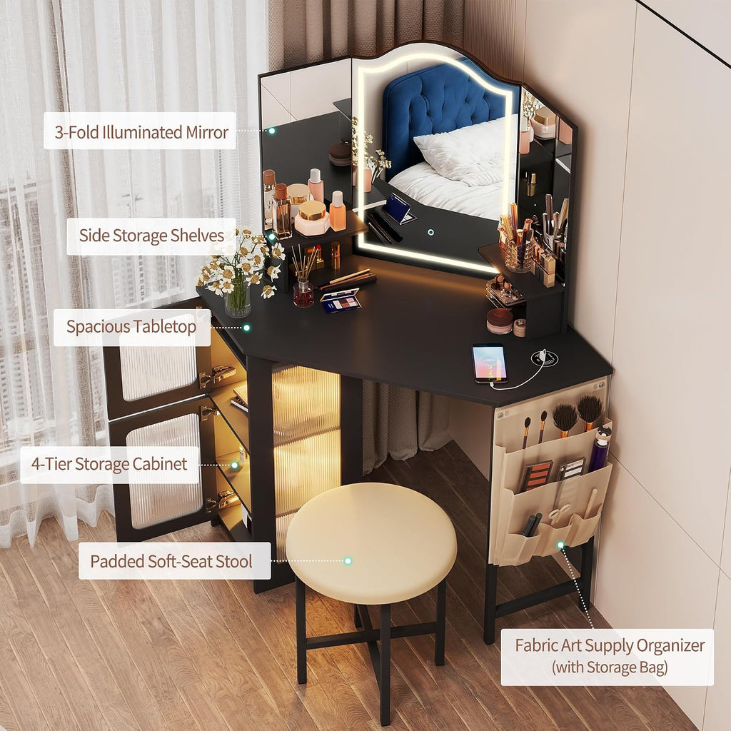LVSOMT Corner Vanity Desk with Mirror and Lights, Makeup Vanity with Charging Station, Dressing Table with 3 Lighting Options, Vanity Set with Stool, Women's Vanity for Bedroom, Black