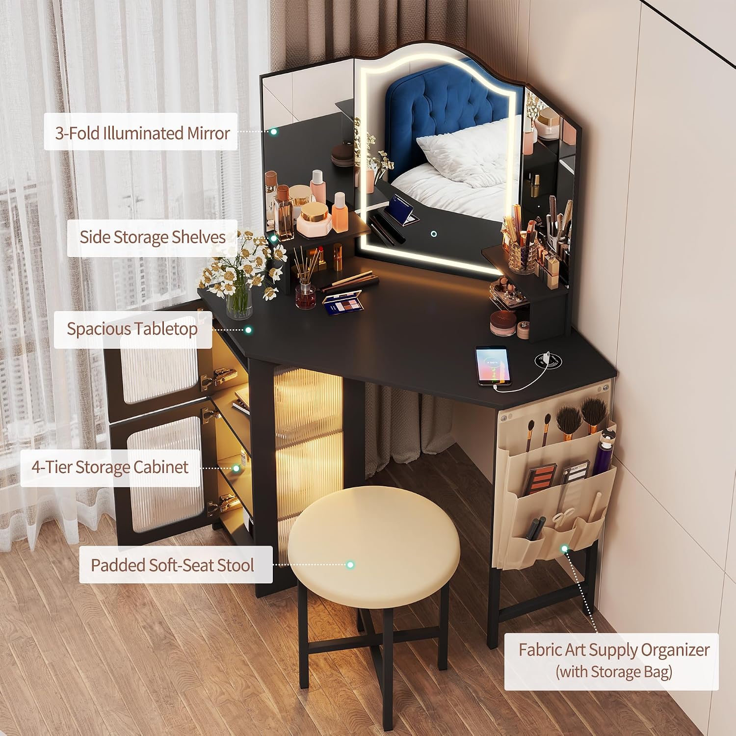 LVSOMT Corner Vanity Desk with Mirror and Lights, Makeup Vanity with Charging Station, Dressing Table with 3 Lighting Options, Vanity Set with Stool, Women's Vanity for Bedroom, Black