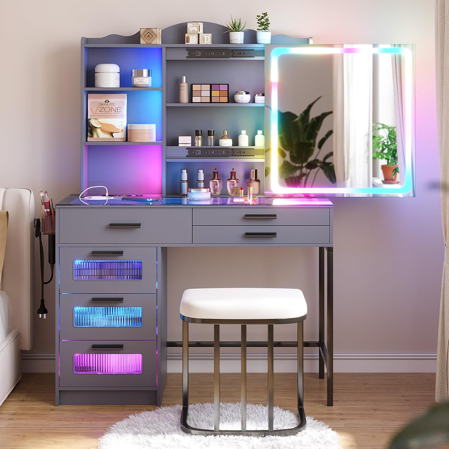HENBC Vanity Desk with Sliding Mirror and Glass Desktop, LED Vanitys Mirror with RGB Lights Desk and Chair, Dressers Table Set with Charging Station/Makeup Organizer/6 Drawers for Bedroom(Grey)