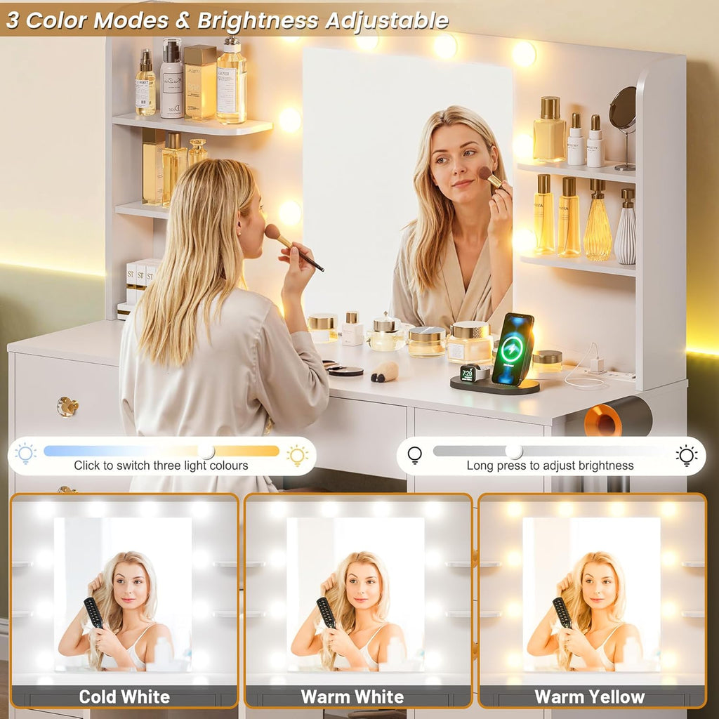White Vanity Desk With Mirror and LED Lights, 3 Colors Adjustable, Large Makeup Vanity Desk with Power Strip and Hairdryer Holder, 9 Drawers & 6 Shelves Modern Dressing Table for Women, Bedroom