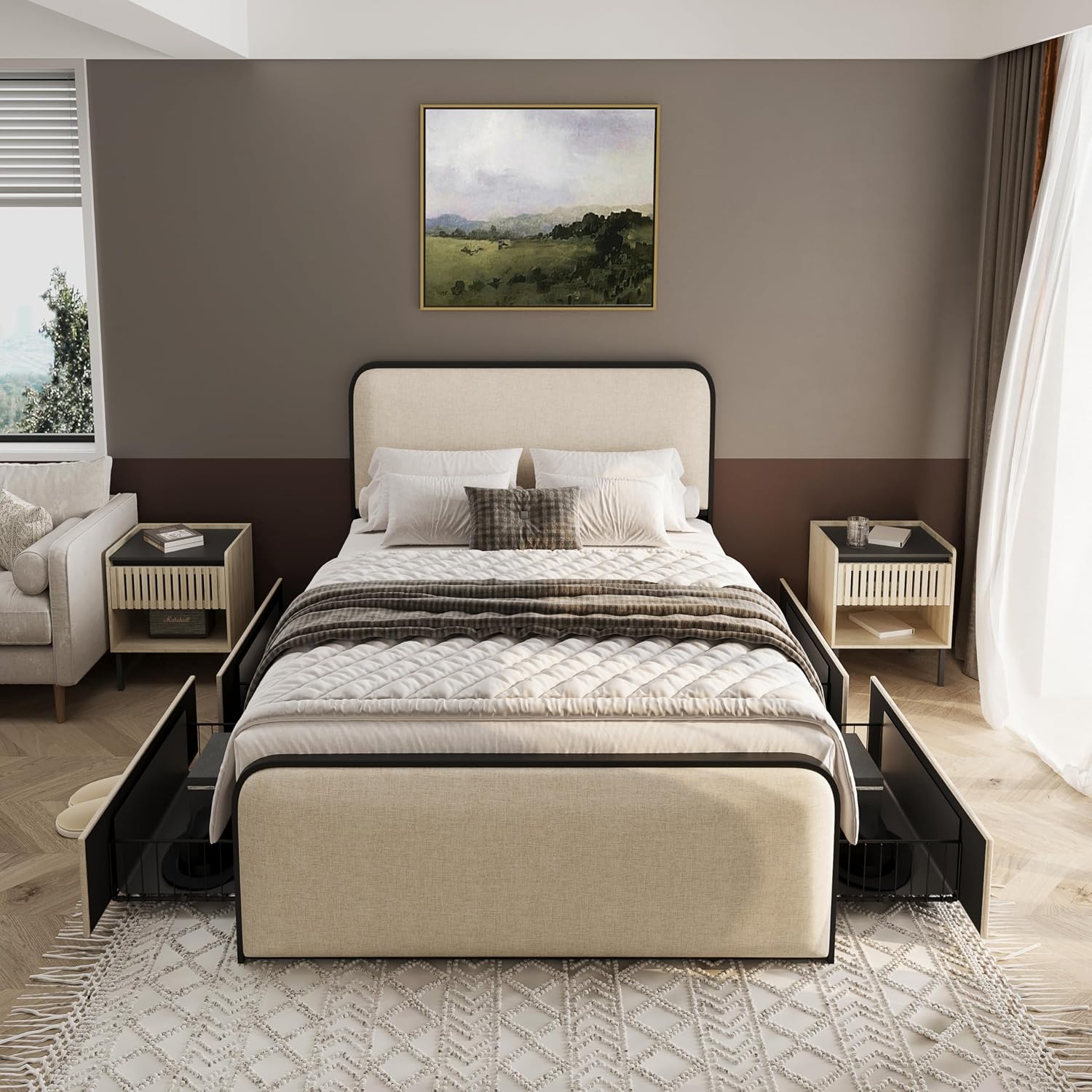 Queen Metal Platform Bed with 4 Under Bed Drawers, Modern Minimalist Linen Upholstered Bed Frame with Headboard & Footboard, Squeak-Free, No Box Spring Needed, Easy Assembly, Cream Beige