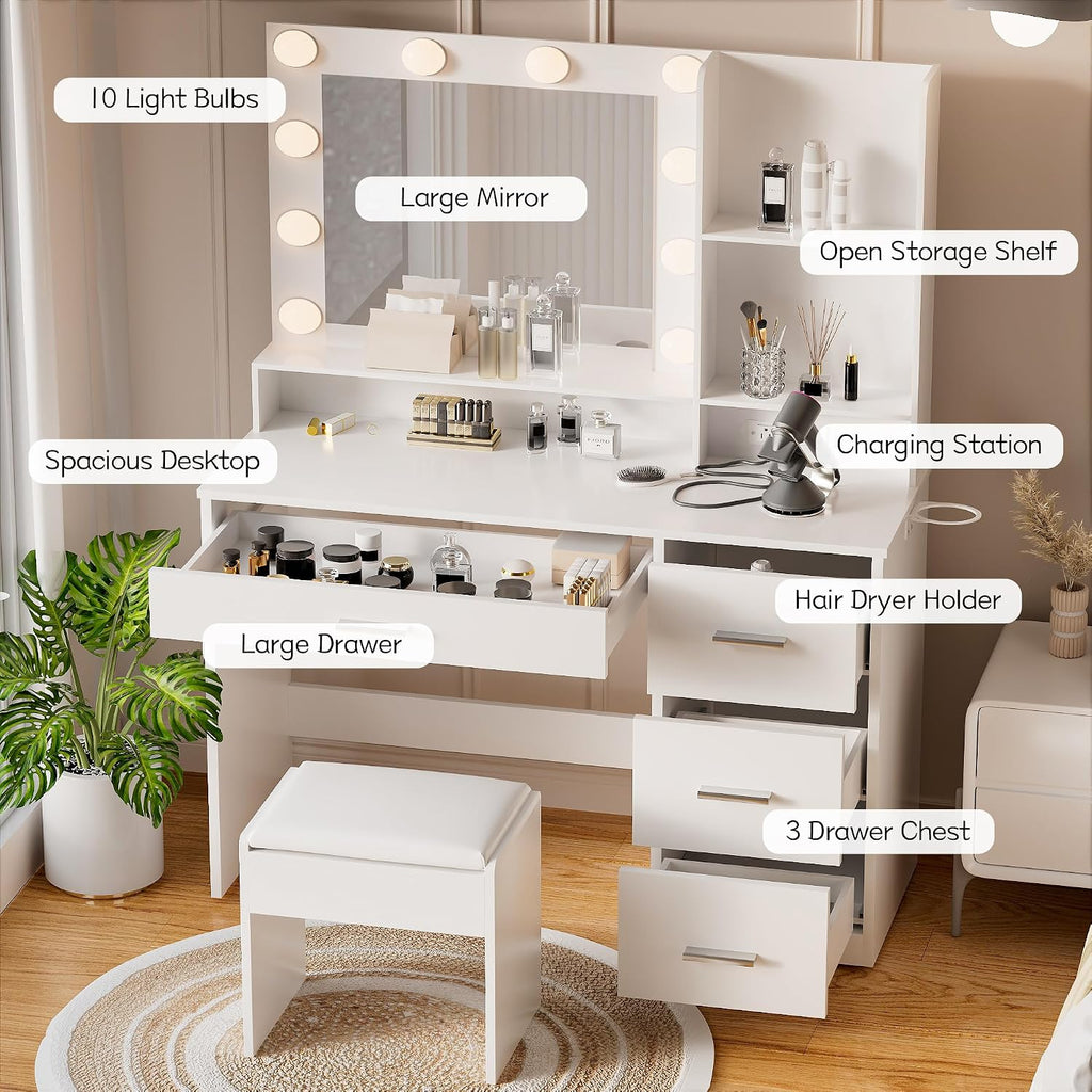 YESHOMY 39' Vanity Desk with Mirror & Lights, Makeup Vanity Table with Power Outlet & Storage Drawers, 3 Color LED Lighting, Dressing Table for Bedroom, Pure White