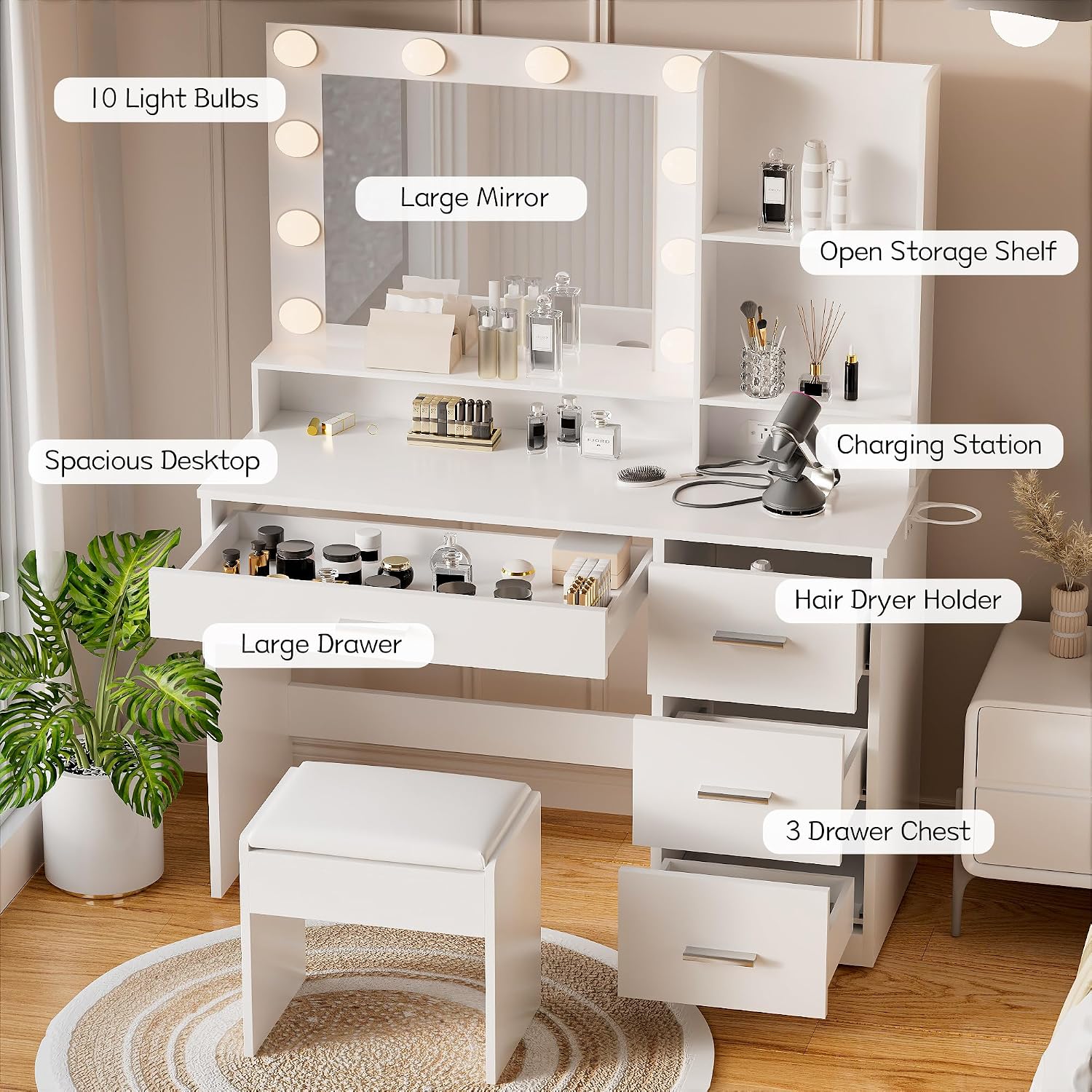 YESHOMY 39' Vanity Desk with Mirror & Lights, Makeup Vanity Table with Power Outlet & Storage Drawers, 3 Color LED Lighting, Dressing Table for Bedroom, Pure White