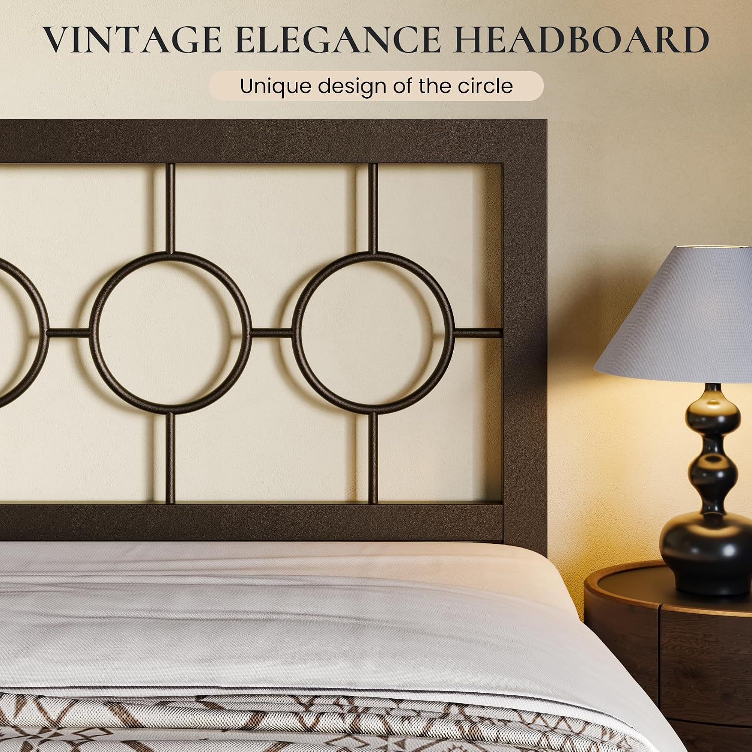 SHA CERLIN Full Size Metal Bed Frame with Vintage Circular Design Headboard and Footboard,No Box Spring Required,Easy Assembly,Noise-Free,Brown