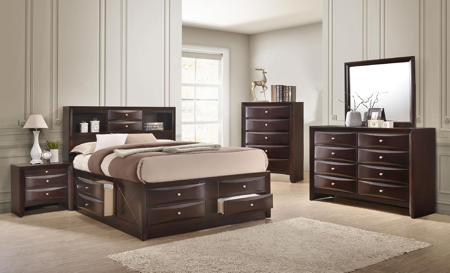 5pc Master Bedroom Set Brown Cherry Finish Solid Wood Platform King Size Captain's Bed Wooden Furniture