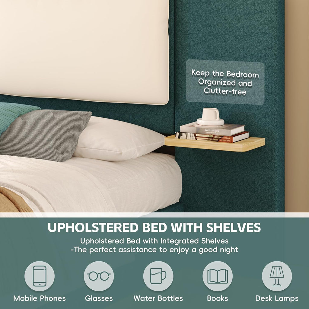 Green Bed Frame with Soft Upholstered Storage Tall Headboard, Queen Size Floor Platform Bed Frames, Anti-Collision Curved Footboard Bedroom Sets,No Box Spring Needed (Green, Queen)