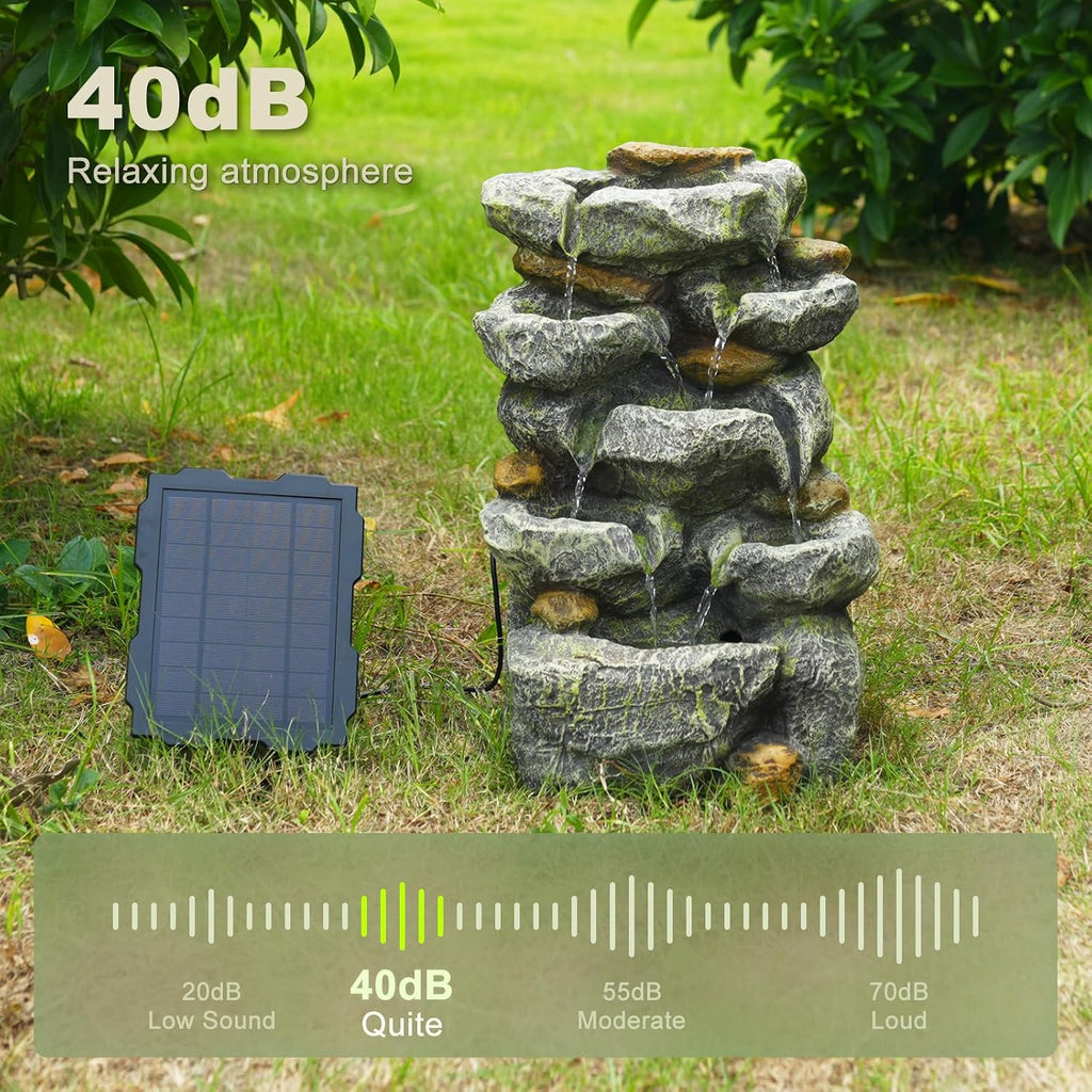 Solar Water Fountain Outdoor Garden, 19.3 Inch Cascading Stone Design 5 Tier Rock Feature Outdoor Fountains Waterfalls with Light, Pump Solar Panel for Patio, Deck, Porch, Backyard Home Décor