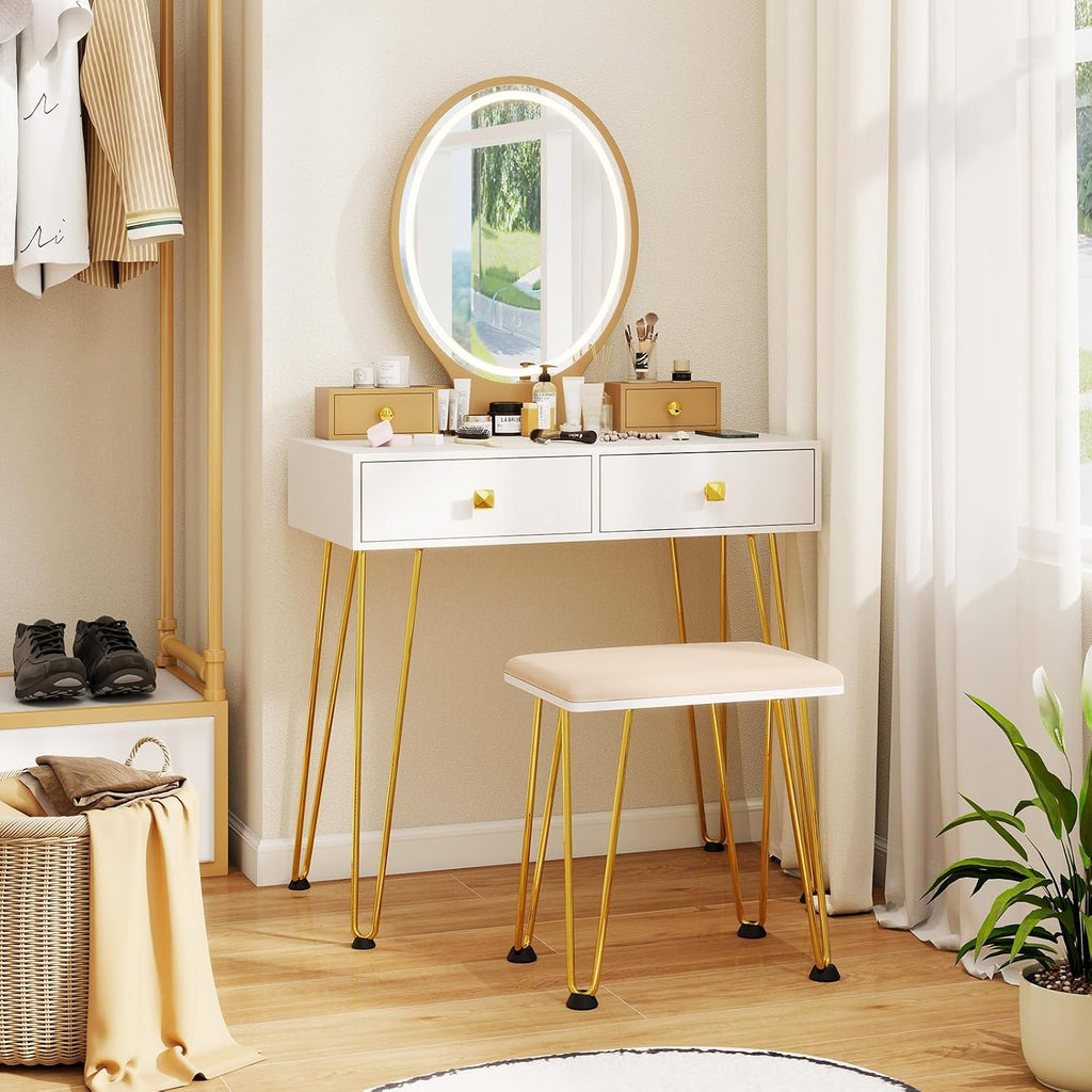 COSTWAY Vanity Desk Set with Mirror and Lights, Vanity Mirror with 3 Color Lighting Modes & Adjustable Brightness, Makeup Dressing Table with Cushioned Stool for Women Girls (White & Golden)