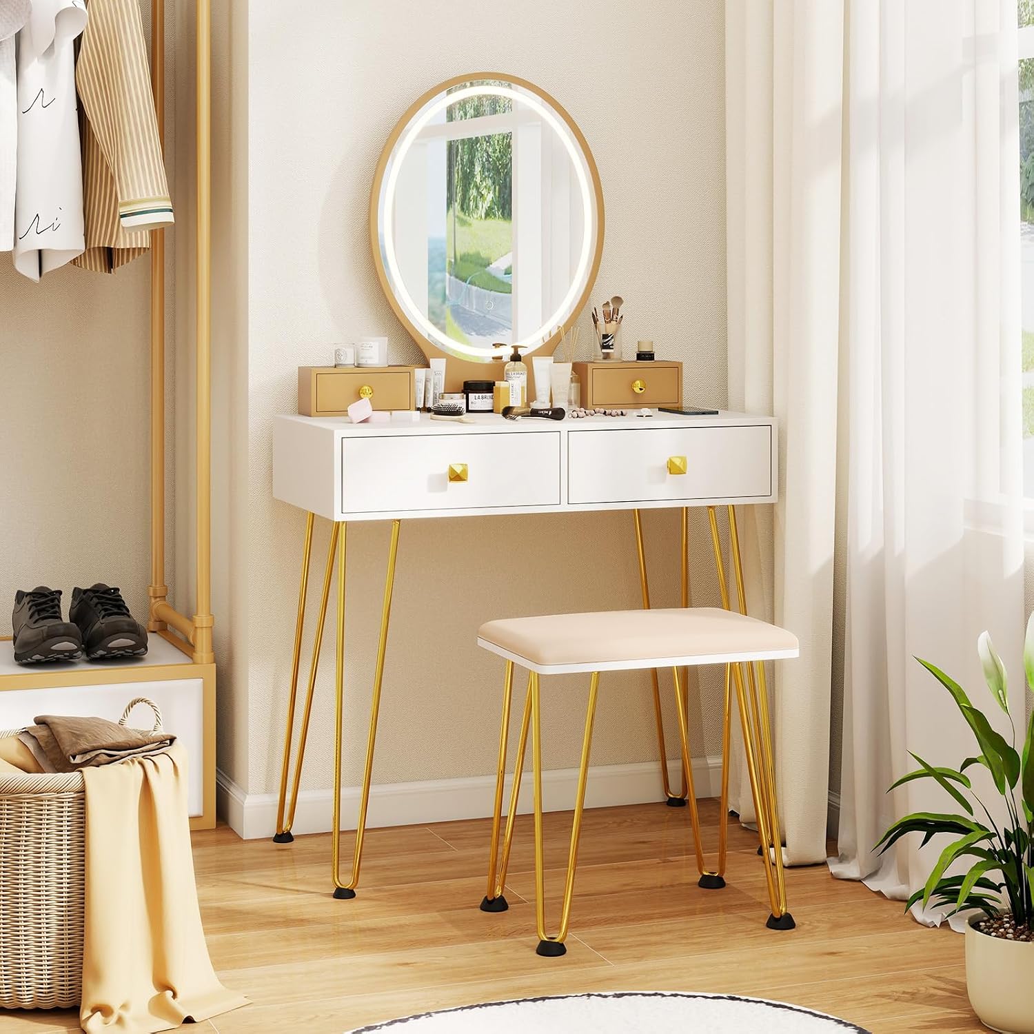 COSTWAY Vanity Desk Set with Mirror and Lights, Vanity Mirror with 3 Color Lighting Modes & Adjustable Brightness, Makeup Dressing Table with Cushioned Stool for Women Girls (White & Golden)