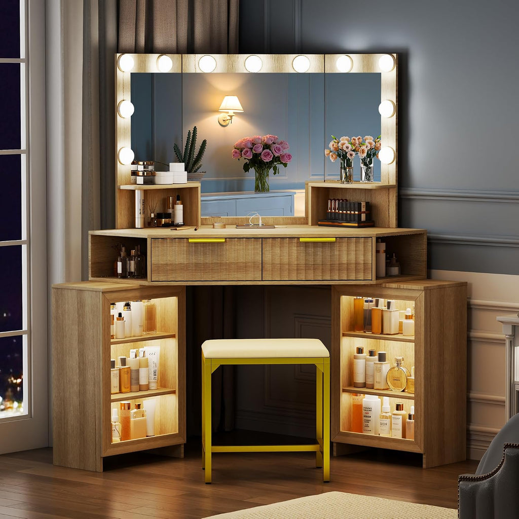 Vanity Desk with LED Lights Mirror & Power Outlet – Corner Design, Makeup Vanity Table Set with Storage Drawers & Chair, 3 Lighting Modes for Living Room/Bedroom, Ideal for Gift (Wood)